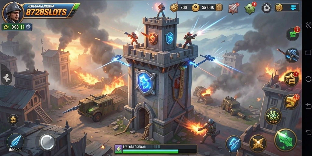 Tampilan gameplay seru dalam 8728SLOTS menara pertahanan.