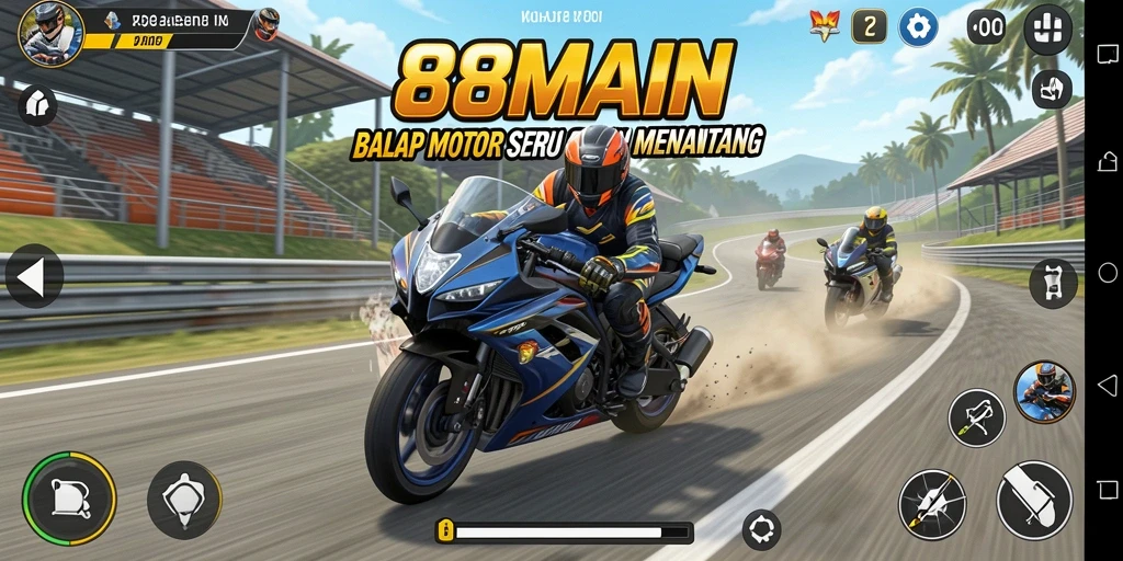 Screenshot gameplay <strong>88MAIN</strong> menampilkan balapan motor yang intens dan mendebarkan.