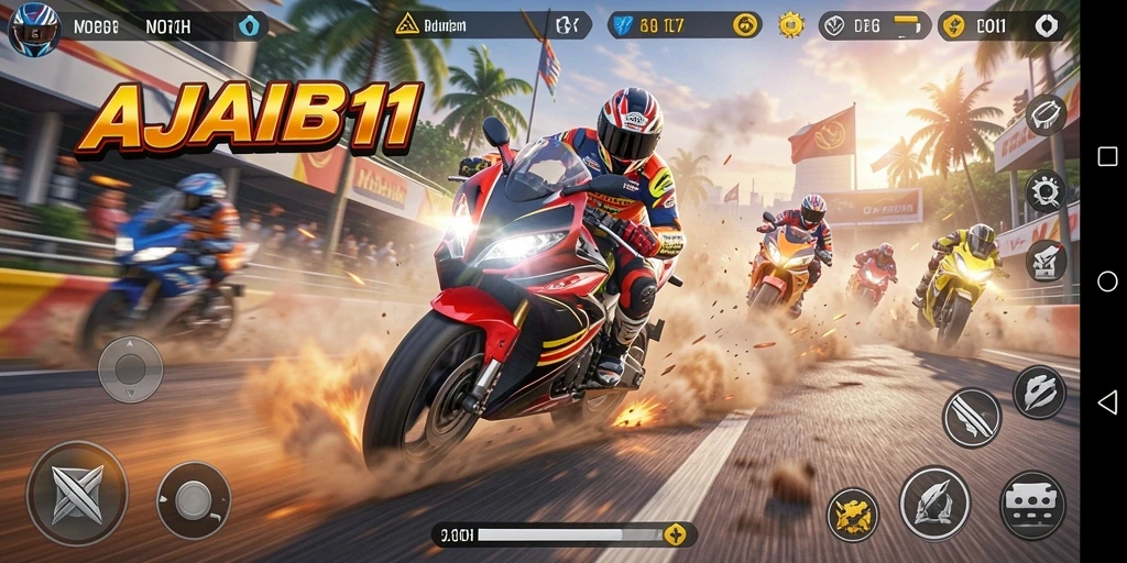 Screenshot gameplay AJAIB11 yang menunjukkan aksi balapan motor yang mendebarkan.