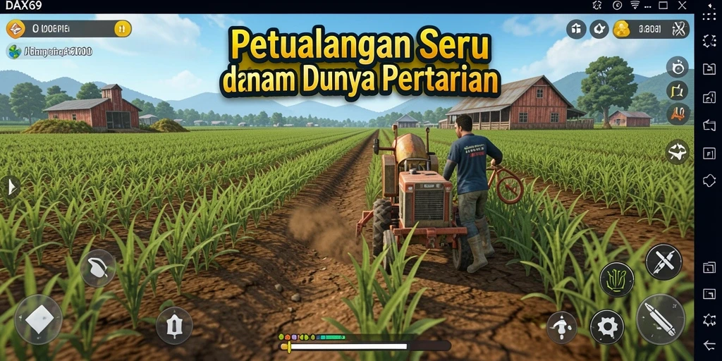 Screenshot DAX69 menampilkan aktivitas seru dalam bertani di lahan pertanian.