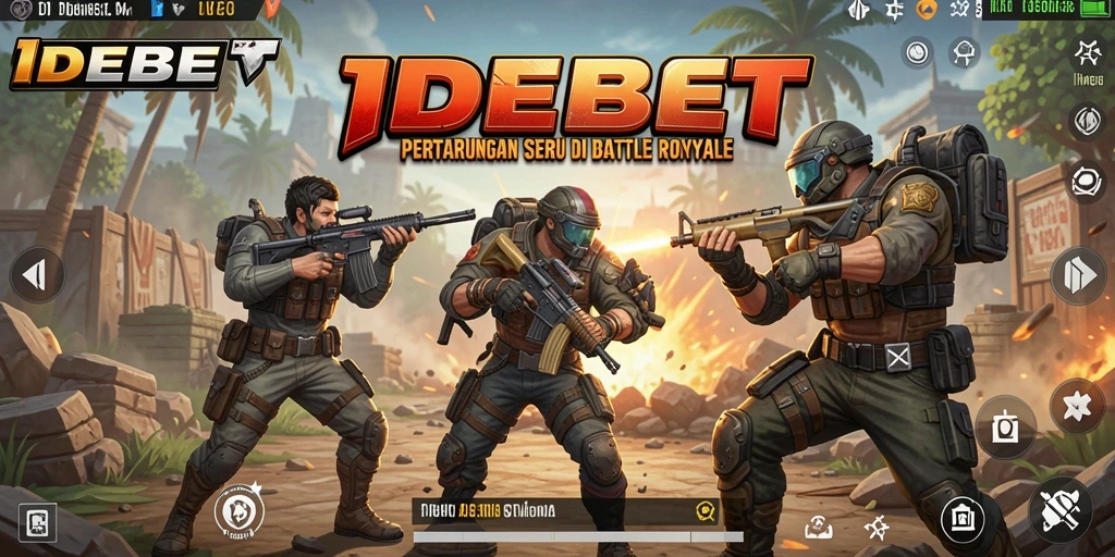 Screenshot utama IDEBET menampilkan aksi pertempuran intens Battle Royale.