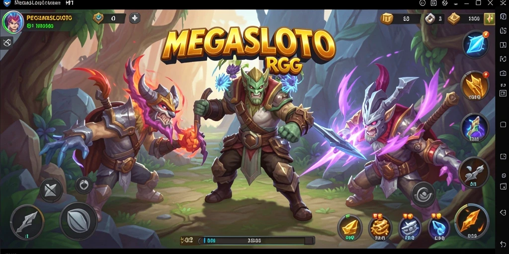 Screenshot gameplay RPG MEGASLOTO menampilkan pertempuran yang seru.