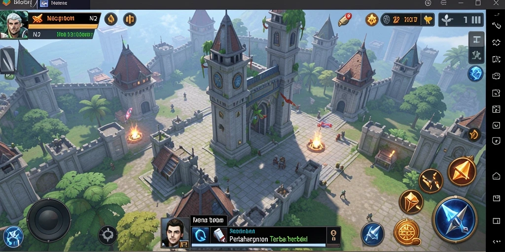 Screenshot gameplay N32 menunjukkan menara bertahan menghadapi gelombang serangan musuh.