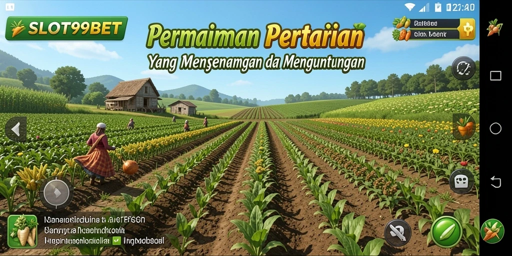 Screenshot utama SLOT99BET menunjukkan gameplay bertani yang seru dan interaktif.