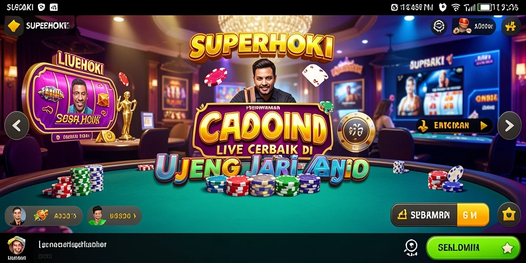 Screenshot gameplay SUPERHOKI menampilkan dealer ramah dan permainan yang mendebarkan.