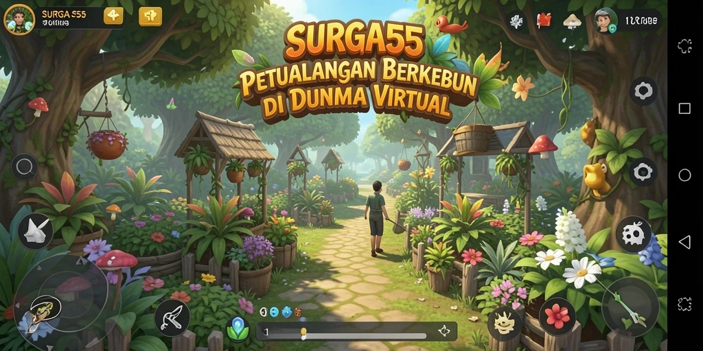 Tampilan gameplay <strong>SURGA55</strong> menampilkan kebun yang indah dengan beragam tanaman dan aktivitas bertani.